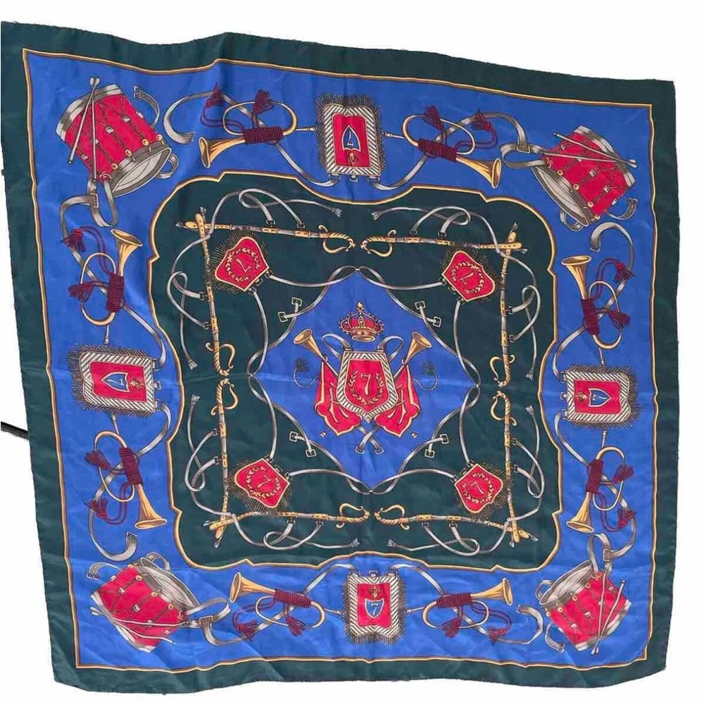 100% Mulberry Silk Scarf Military Music Theme & Coat Of Arms  33 x 33